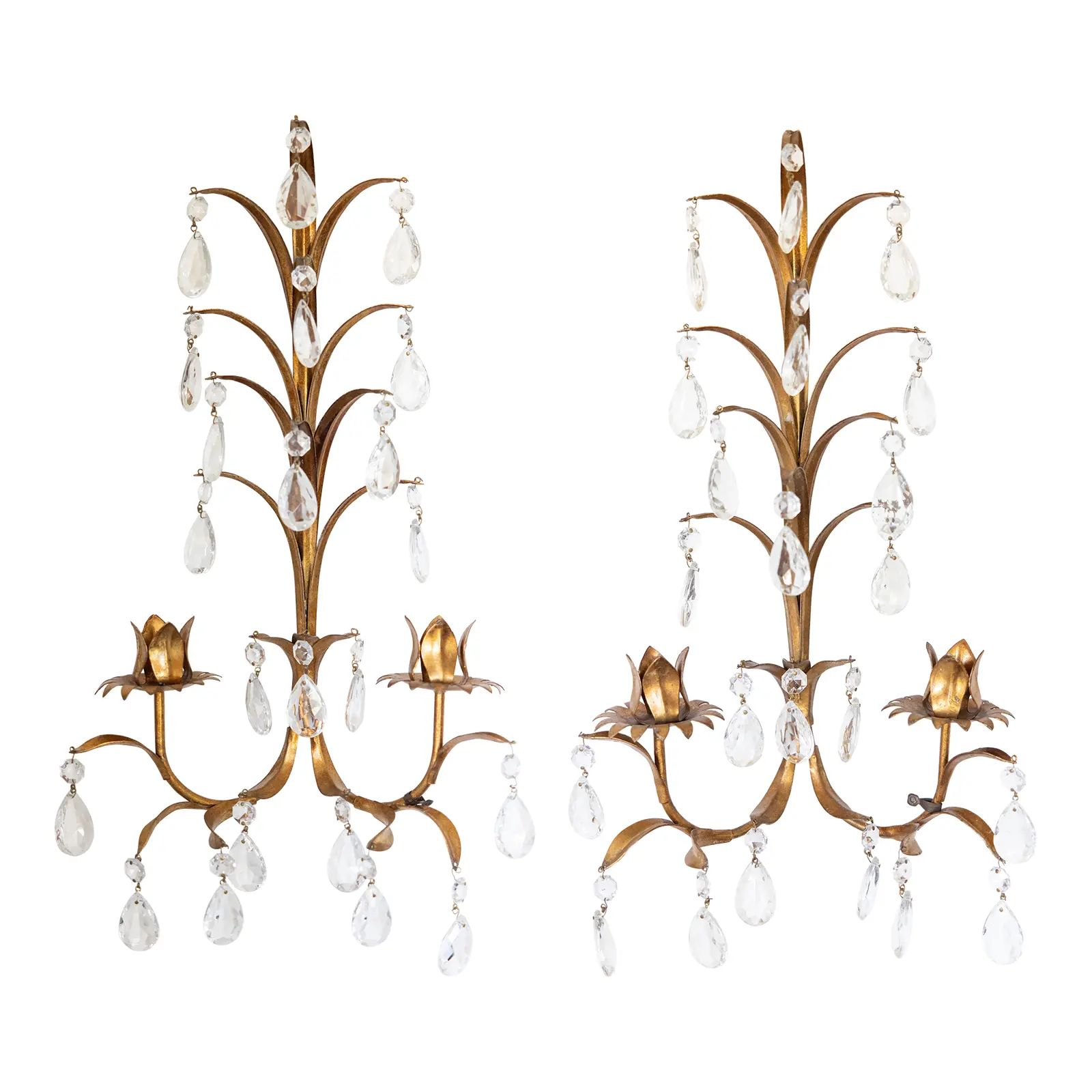 Vintage Italian Gilt Tole & Crystals Candelabra Candle Sconces - a Pair | Chairish