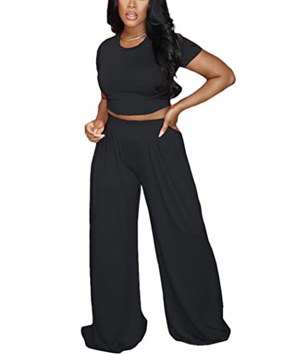 AIIYYQB Womens Summer Sexy Two Piece Outfit Cropped Top Palazzo Wide Leg Pants Set Beach Vacation Outfit | Amazon (US)