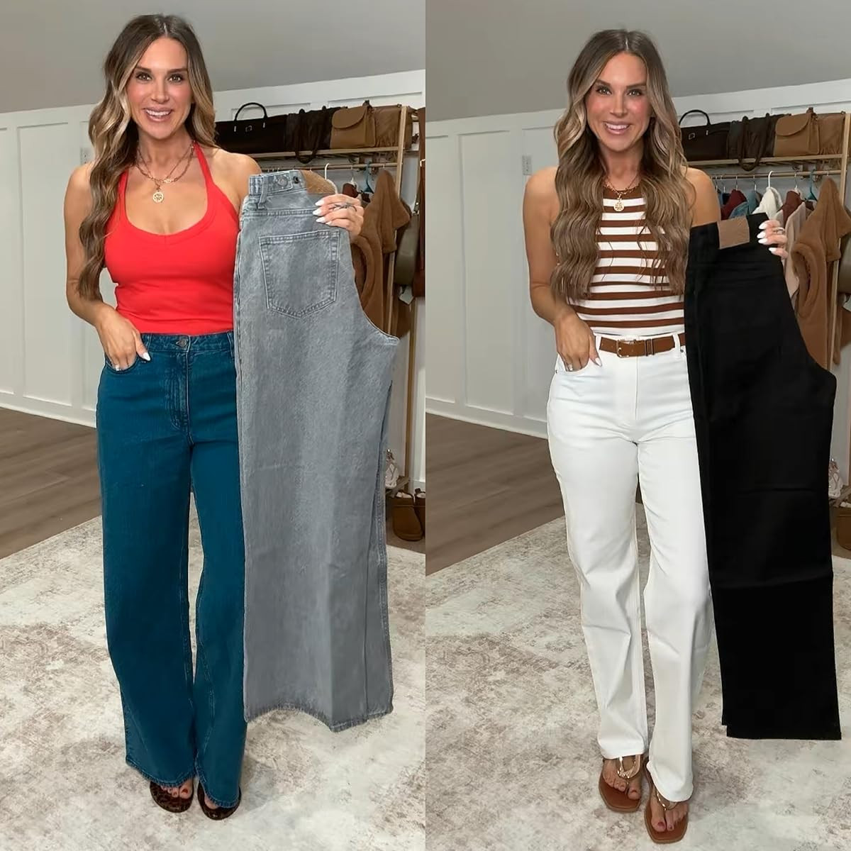 These affordable jeans are must-have items for spring, and I'll be wearing them on repeat! Styling wide leg jeans with adjustable waistband and the perfect straight leg fit with my favorite tops with built in bras, and layered necklaces. I am 5’6 139lbs in size M/6 in both denim and small in the tops.  

 #LTKootd #LTKSeasonal