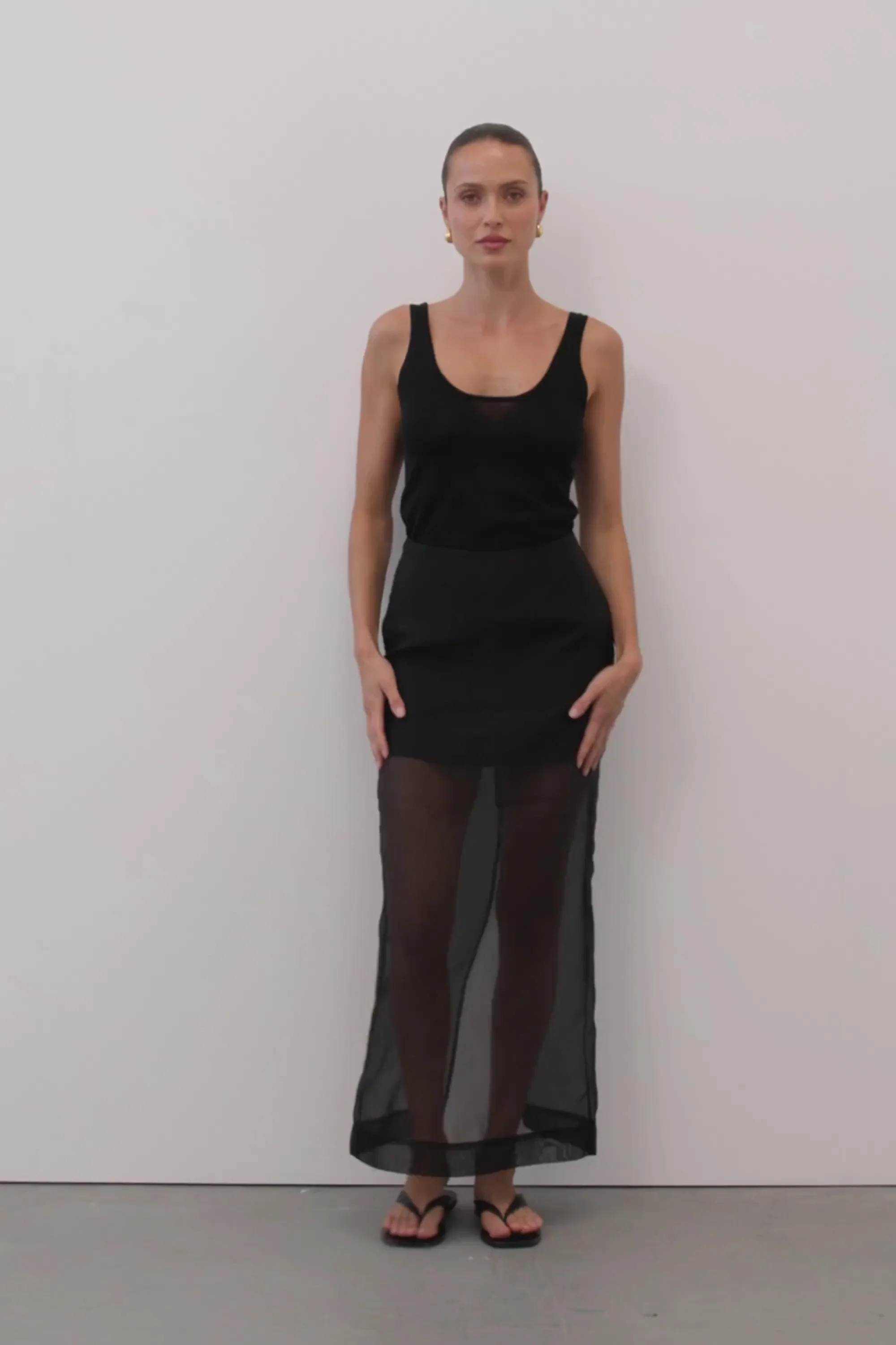SIAN BLACK SILK ORGANZA MIDI SKIRT | DISSH