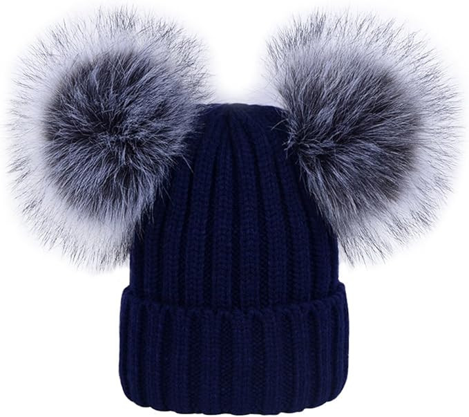 LOKTARC Women's Winter Ribbed Knitted Beanie Hat with Double Faux Fur Pom Pom | Amazon (US)