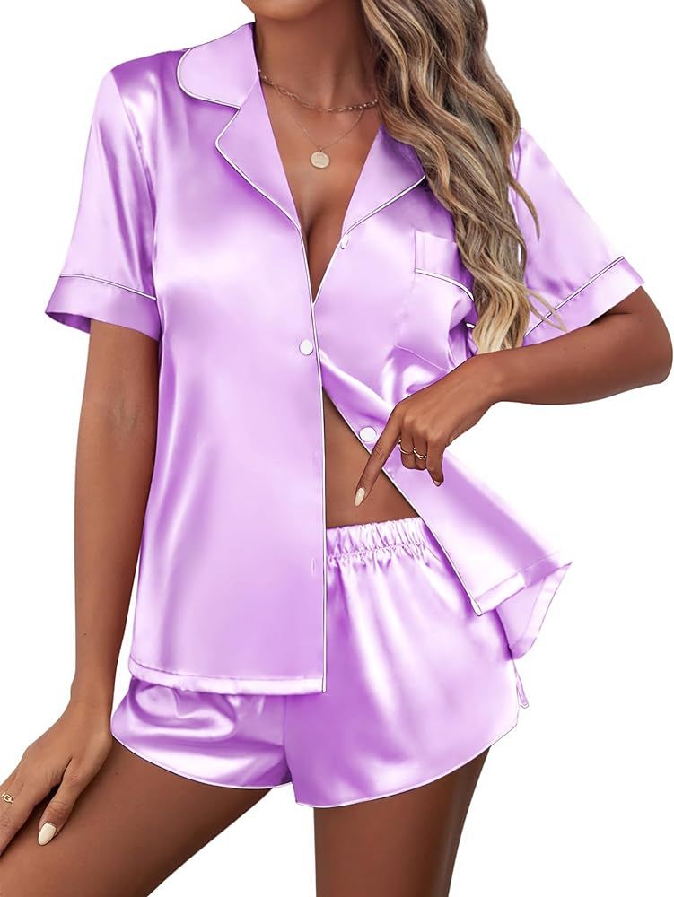 Ekouaer Womens Silk Satin Pajamas Set Short Sleeve Sleepwear Button Down Loungewear 2 Piece Pjs S... | Amazon (US)