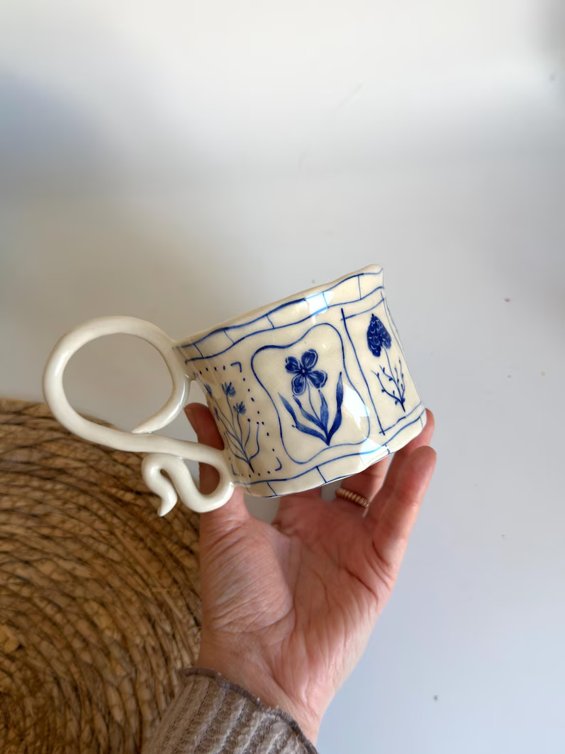 Handmade Blue Floral Ceramic Mugs - Hand Painted Rustic Ceramic Tea Cups - Bloom Tarot Cards Mug ... | Etsy (US)