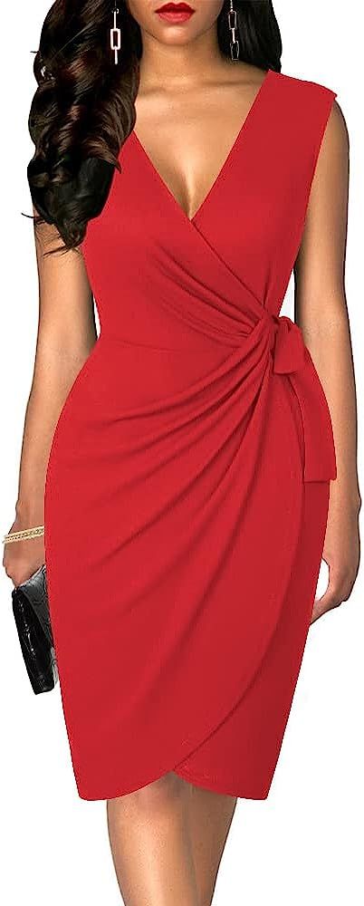 Amazon.com: oten Women's Classic Cap Sleeve Wrap Dress Deep V Neck Waist Tie Belt Knee Length Par... | Amazon (US)