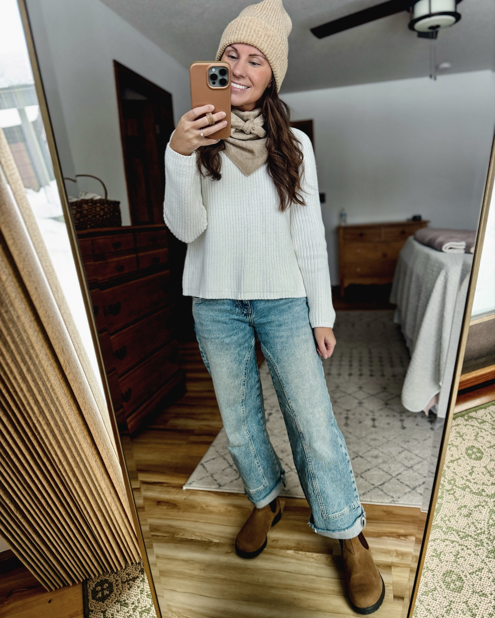 Wearing small in my cotton sweater (I also own it in black and tan—love it!), 24 short in my jeans (short is sold out but with the raw hem I think you could cut the regular if needed). And 6.5 in my blundstone boots!
Loving the triangle scarf trend. It reminds me of how I used to wear my scarves in college🥰

My hat is older from target so I linked some similar ones 

#LTKootd #LTKgrwm #LTKPetite