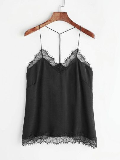 Black Contrast Eyelash Lace Halter Top | SHEIN