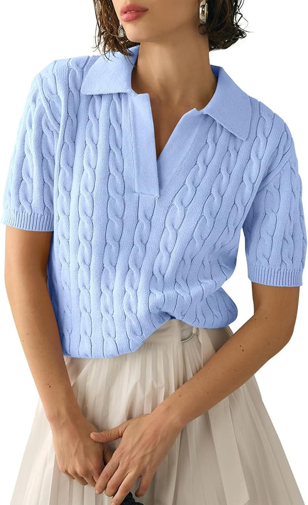 Imily Bela Women's Cable Short Sleeve Sweaters Tops Solid Lapel V Neck Knit Casual Soft Pullover ... | Amazon (US)
