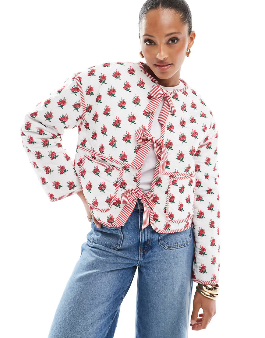 The Frolic exclusive quilted bow tie front reversible jacket in cream floral and red stripe-Multi | ASOS (Global)