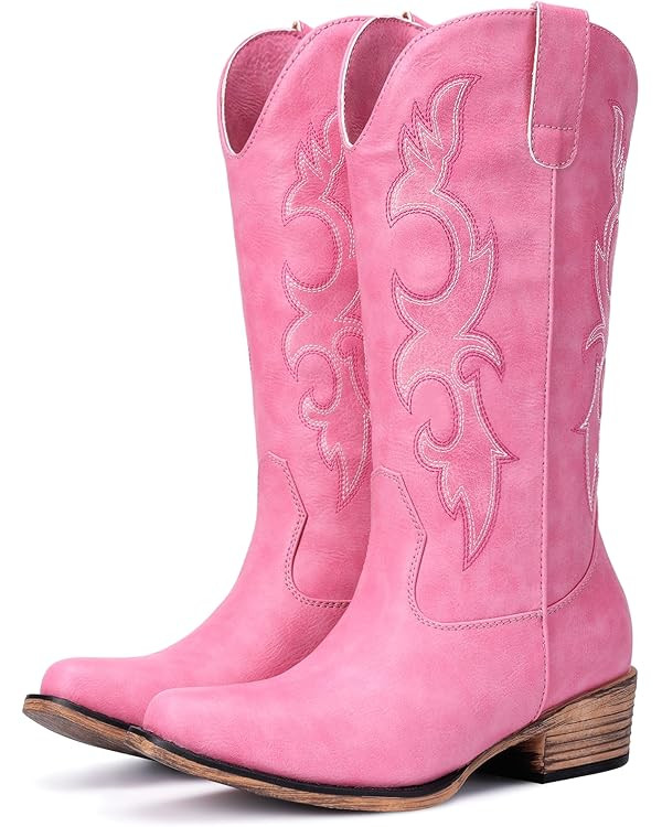 Cowboy Boots for Women - Embroidered Cowgirl Boots Western Mid Calf Fashion Chunky Heel Pointed T... | Amazon (US)