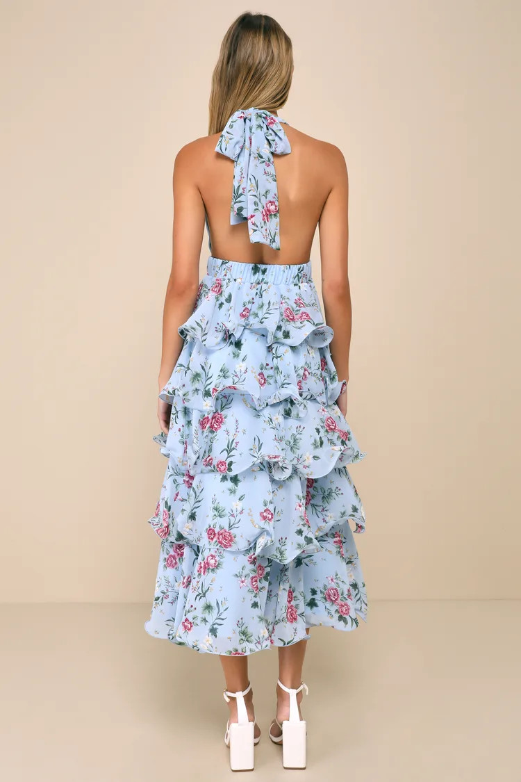 Exceedingly Gorgeous Light Blue Floral Tiered Halter Midi Dress | Lulus