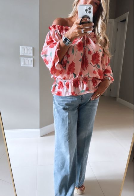 This off the shoulder blouse is so pretty and the quality is very good. Love these wide leg jeans. Summer outfit. Date night outfit  

#LTKFindsUnder50 #LTKSeasonal #LTKOver40