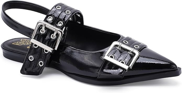 Women's Slingback Flats Studded Buckle Straps Flats Slip-On Slides Pointed Toe Flats Adjustable S... | Amazon (US)