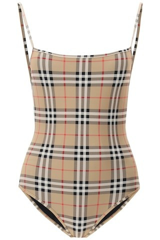 BURBERRY HIGH LEG ONE PIECE SWIMSUIT S Beige, White, Black Synthetic | Residenza725 US