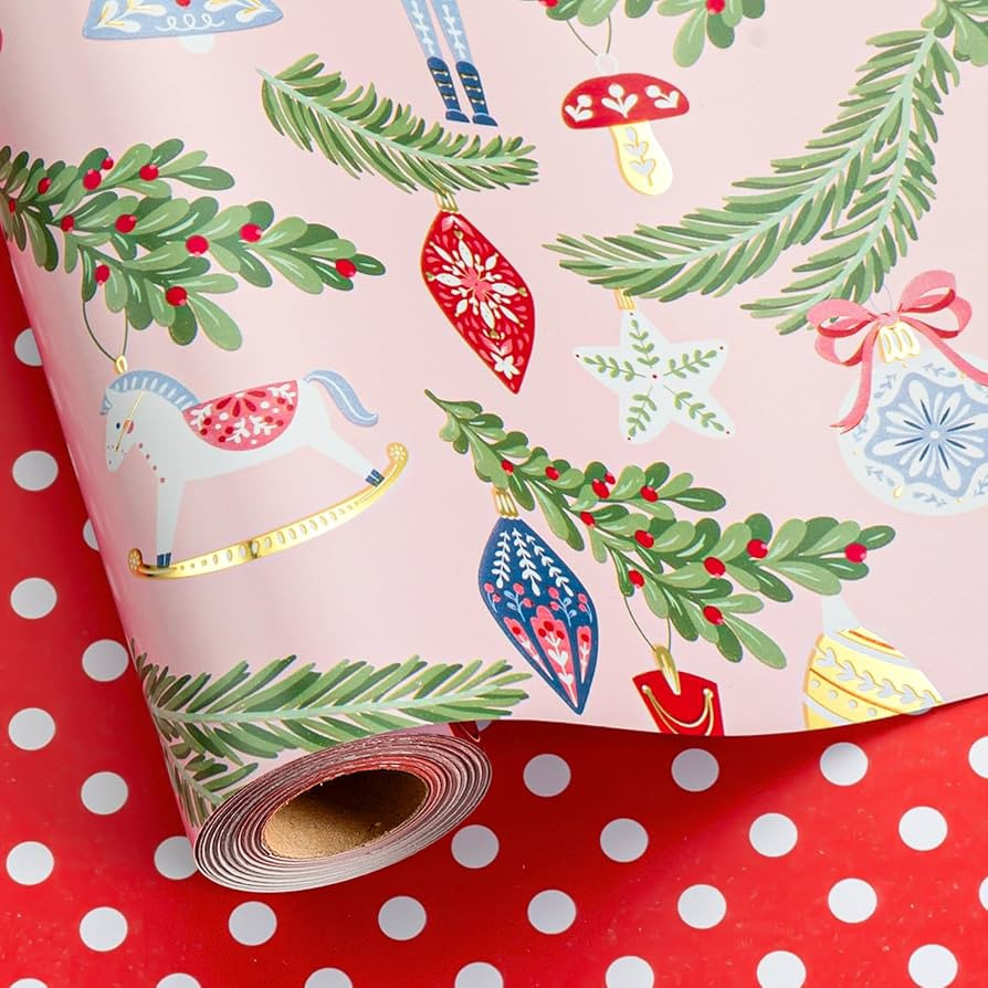 Burymento Christmas Wrapping Paper, Reversible Pink Nutcrackers, Crystal Balls, Wind Chimes Desig... | Amazon (US)