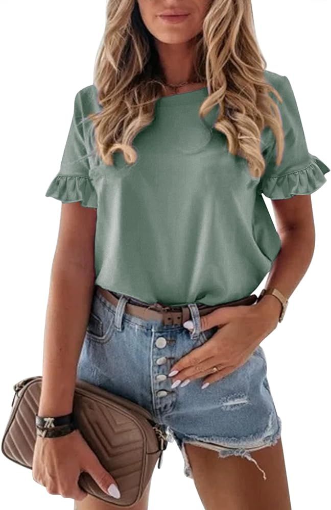 PRETTYGARDEN Womens Plain Round Neck Cute Ruffle Short Sleeve Top | Amazon (US)
