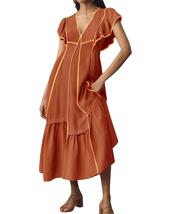 Wenrine Womens Summer V Neck Midi Dress Casual Ruffle Sleeve Contrast Color Loose Fit Flowy Long ... | Amazon (US)