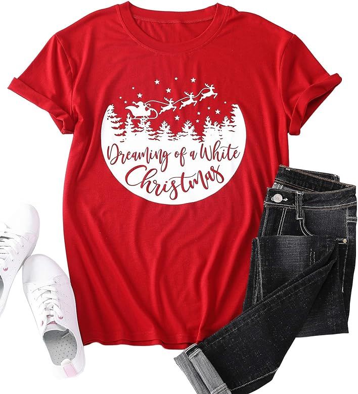 Christmas Shirts Women Dreaming of A White Christmas T-Shirt Funny Graphic Letter Print Tees Shor... | Amazon (US)