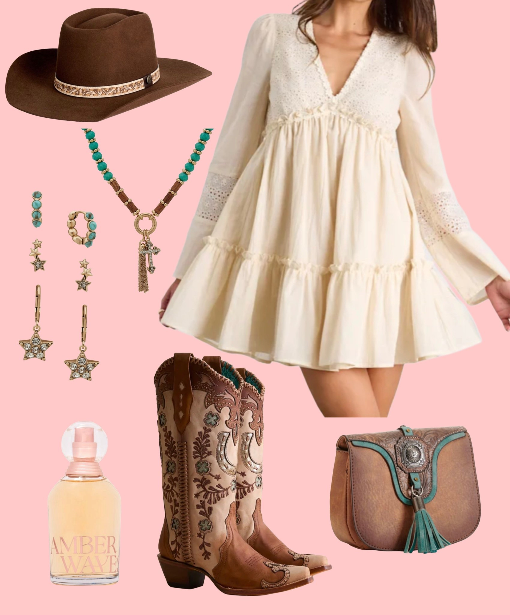 Country style dress with boots! Beautiful brown tones with pops of turquoise! Boho western vibes! 

#LTKSeasonal #LTKSaleAlert #LTKootd