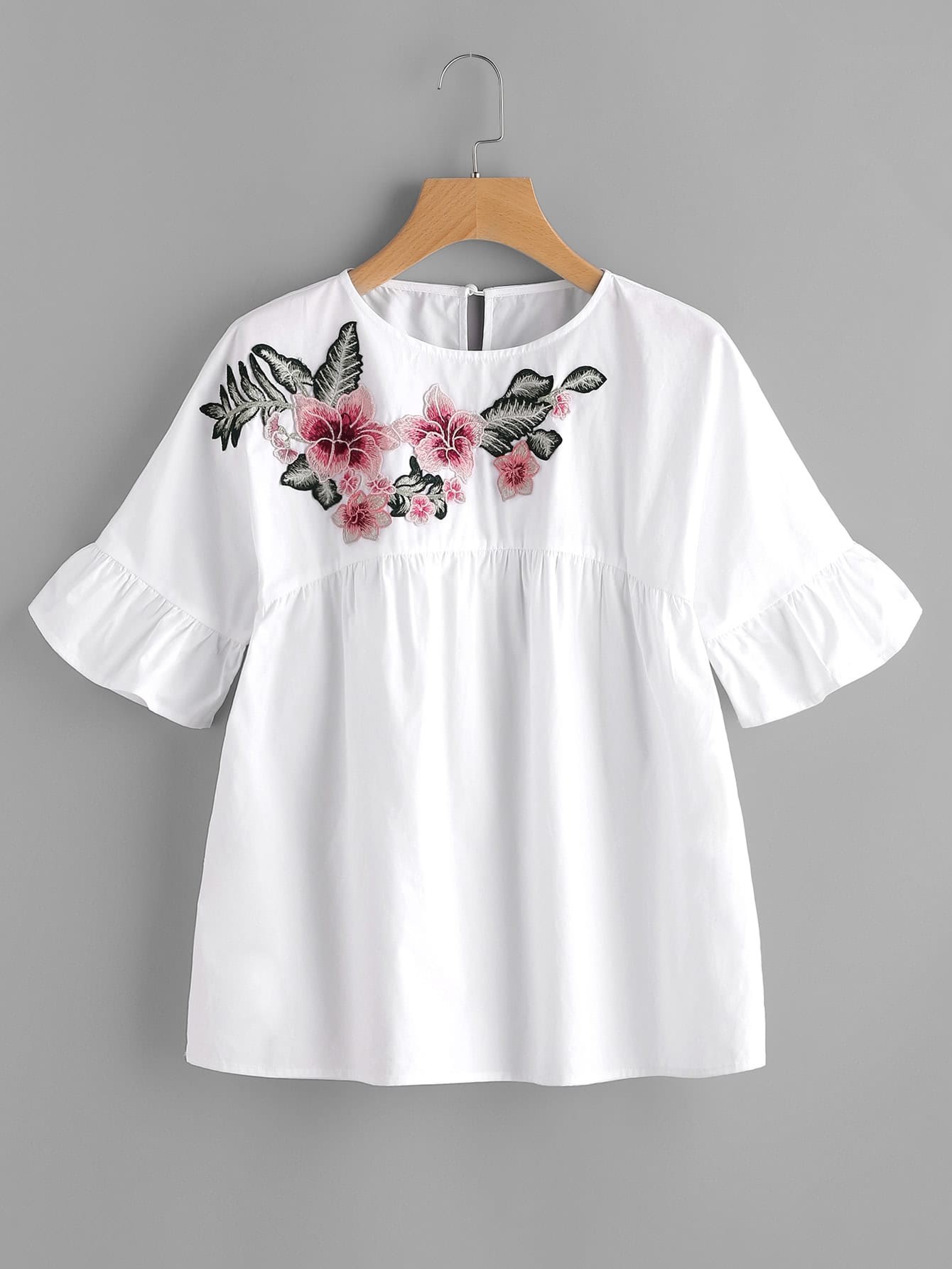 Embroidered Flower Embellished Ruffle Sleeve Babydoll Top | SHEIN