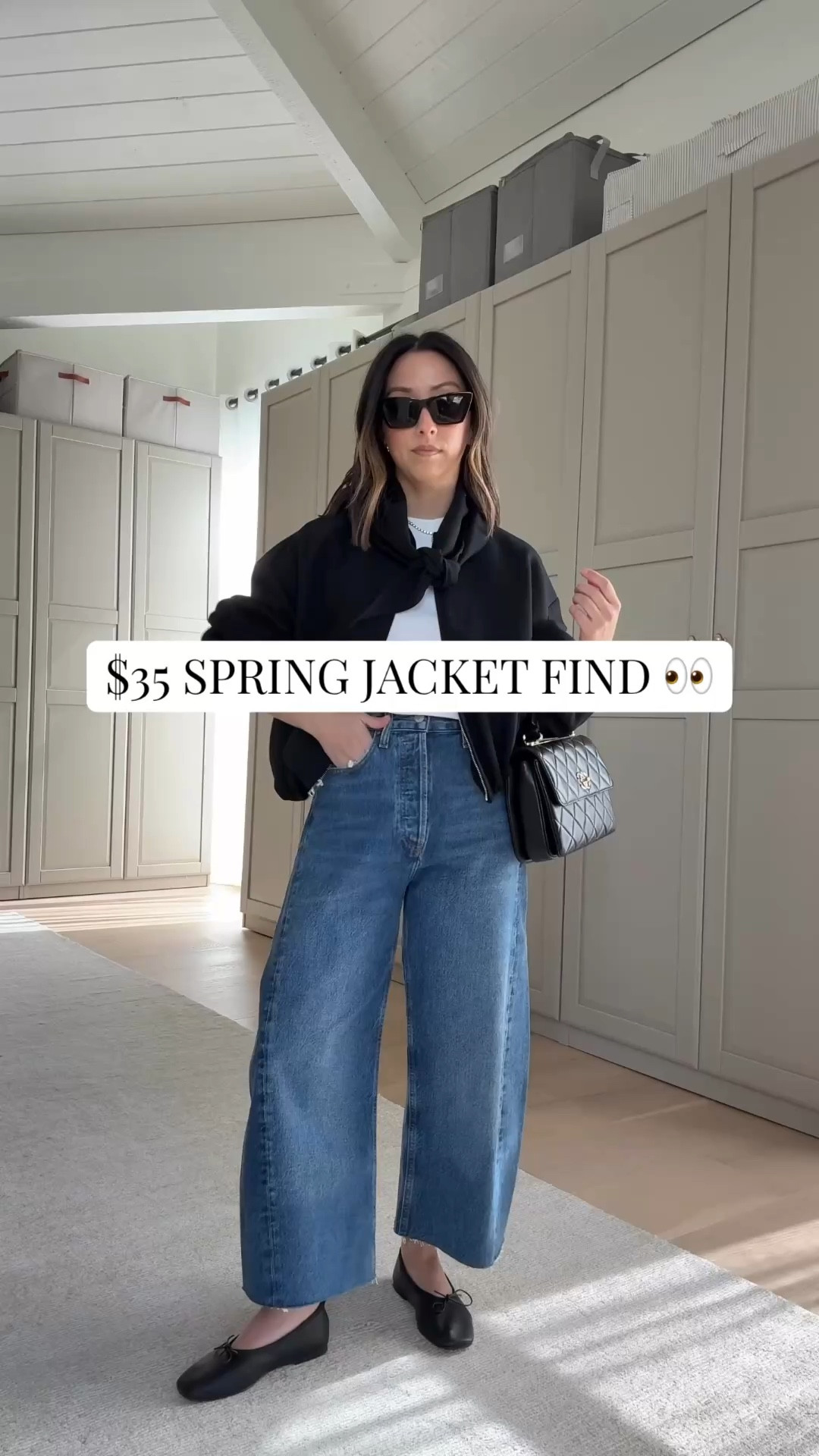 Spring Jackets: Cropped Bomber with Neck Tie. A great color to wear day to night. Neck tie is removal. Currently on sale!

Zara jacket small - could wear the xs
Madewell tee xs
AGOLDE Luna jeans 25 - cut hems
Everlane ballet flats 5
Chanel Treny cc small
YSL sunglasses
Dorsey James necklace 15”
Quince earrings 

Spring style, spring outfits 2026, petite style, spring jackets 

#LTKSaleAlert #LTKootd #LTKPetite