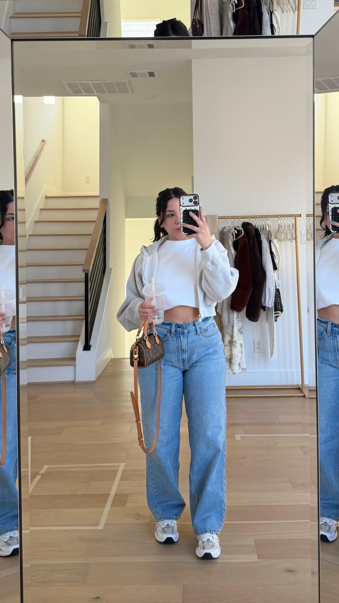 Jeans: 26 short 
White tee: small
Grey zip hoodie: old, linked similar 
New balance 530 sneakers: 6 women 
Nano speedy 

#LTKPetite #LTKgrwm #LTKootd