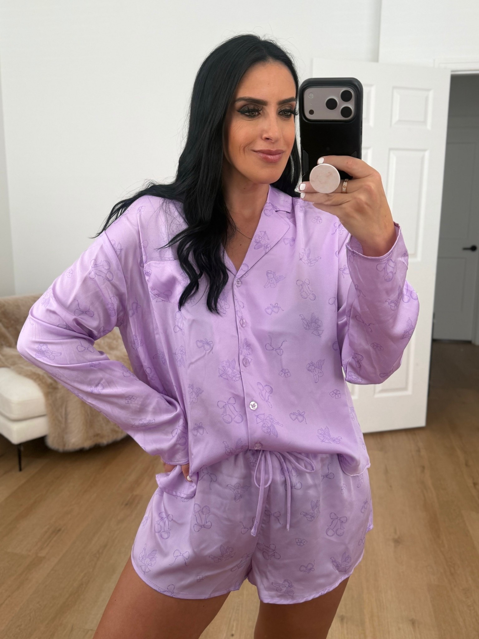 No Boundaries Sleepwear Satin Long Sleeve Button-Up Top and Shorts Set wearing size smalll