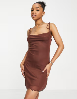 Stradivarius mesh mini dress in chocolate | ASOS (Global)