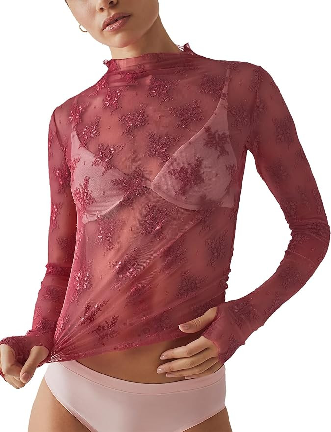 Ugerlov Women's Long Sleeve Mesh Top Mock Neck Sheer Blouse See Through Floral Lace Tops | Amazon (US)