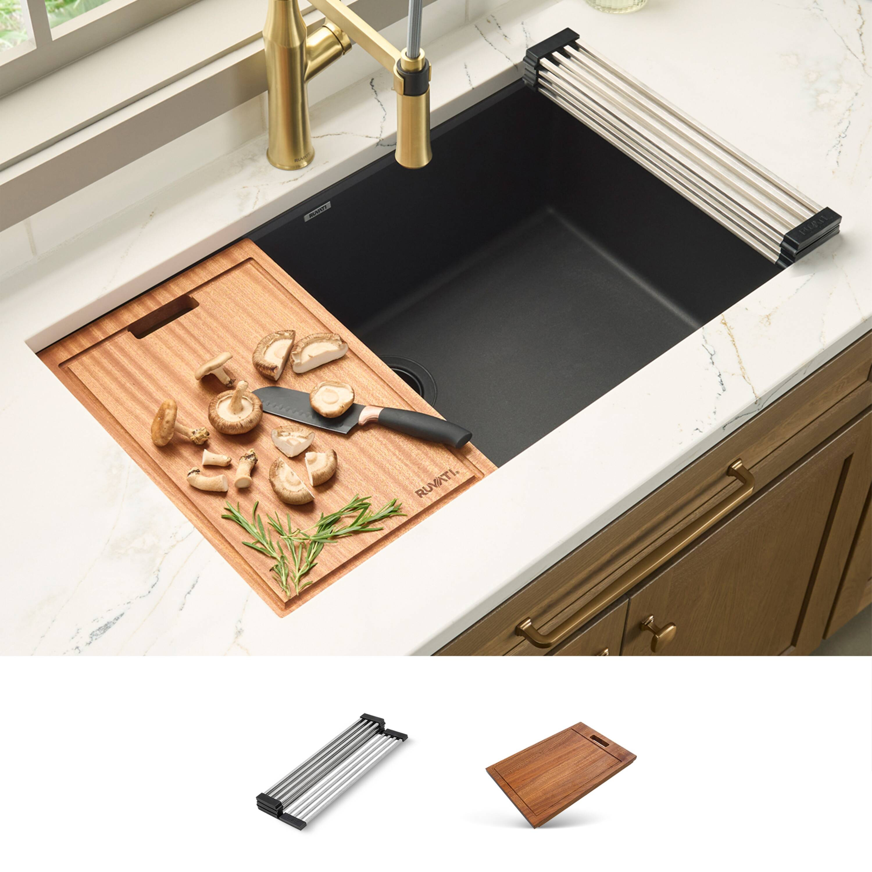 Ruvati epiGranite Undermount 32.5-in x 19.25-in Granite Single bowl Workstation Kitchen Sink Stainless Steel one_size in Black | RVG2303BK | Lowe's