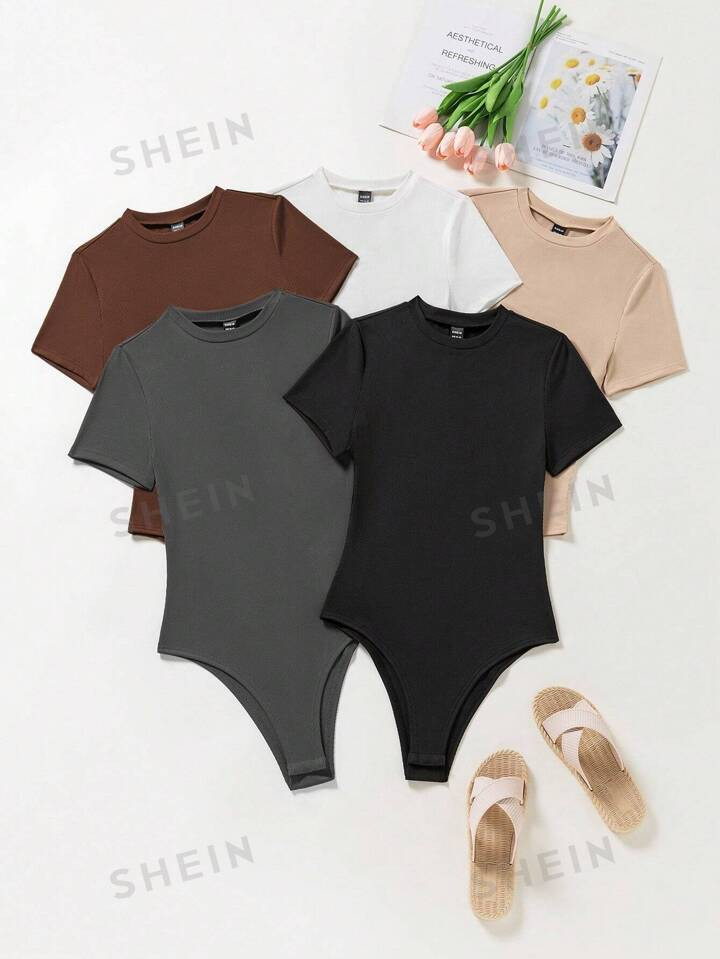SHEIN EZwear Women's Solid Color Crew Neck Short Sleeve Casual T-Shirt Bodysuit, Summer | SHEIN U... | SHEIN