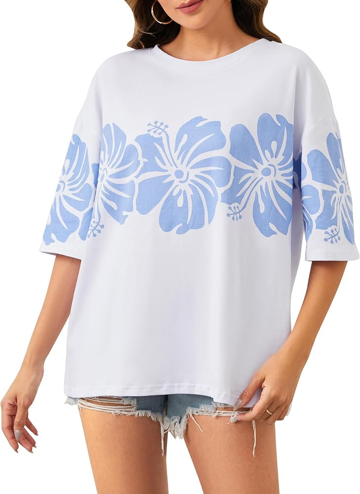 Cotton Oversized Hibiscus Tee Shirt for Women Floral Graphic Hawaiian T Shirts Casual Summer Vaca... | Amazon (US)
