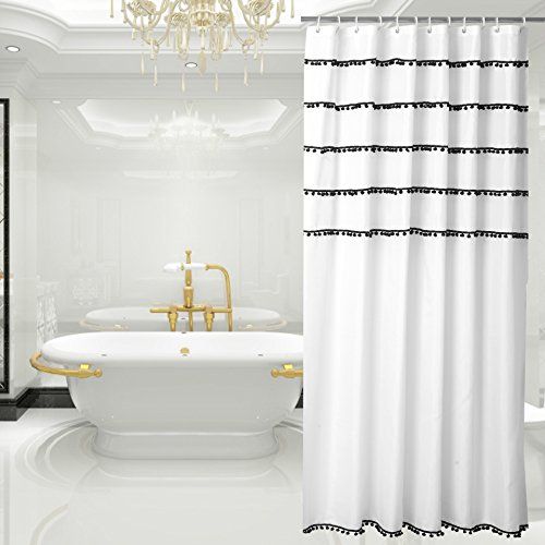 UFRIDAY White Shower Curtain with Black Tassel Design, Fabric Shower Curtain Mildew Resistant, 72 x  | Amazon (US)