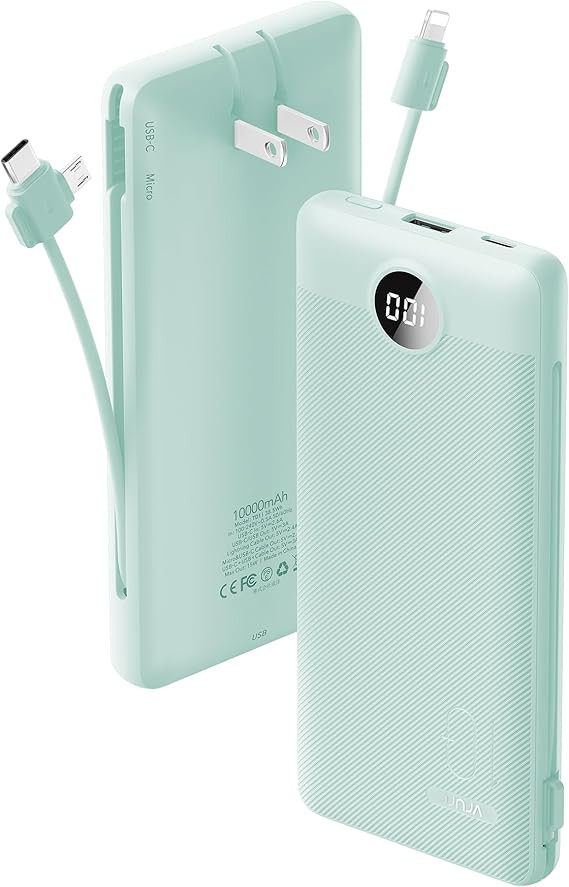 VRURC Portable Charger Built-in Cables and AC Wall Plug, USB C Power Bank 10000mAh, Travel Batter... | Amazon (US)
