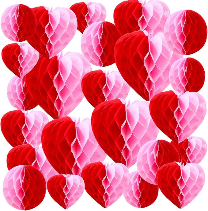 Yexiya 36 Pcs Valentine Heart Honeycomb Decorations Pom Poms Honeycomb Ball Paper Decorations Hea... | Amazon (US)