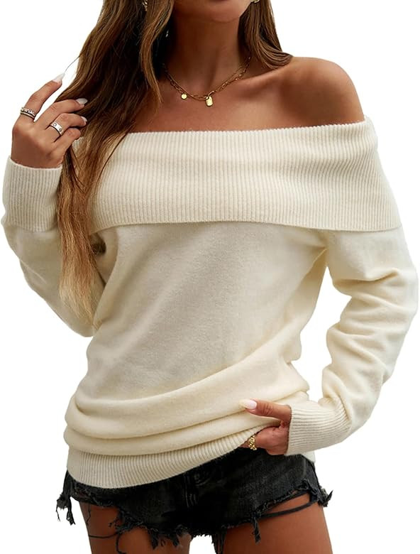 Womens Off Shoulder Sweaters 2024 Fall Tops Batwing Sleeve Casual Knit Pullover Sweater | Amazon (US)
