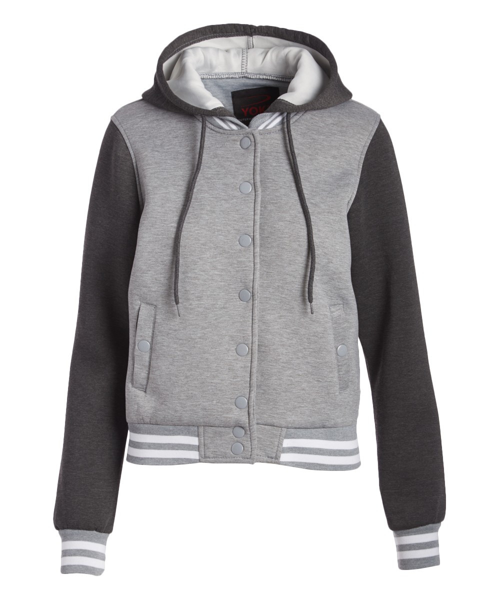 Yoki Women's Non-Denim Casual Jackets H - Heather Gray & Black Varsity Jacket - Plus | Zulily