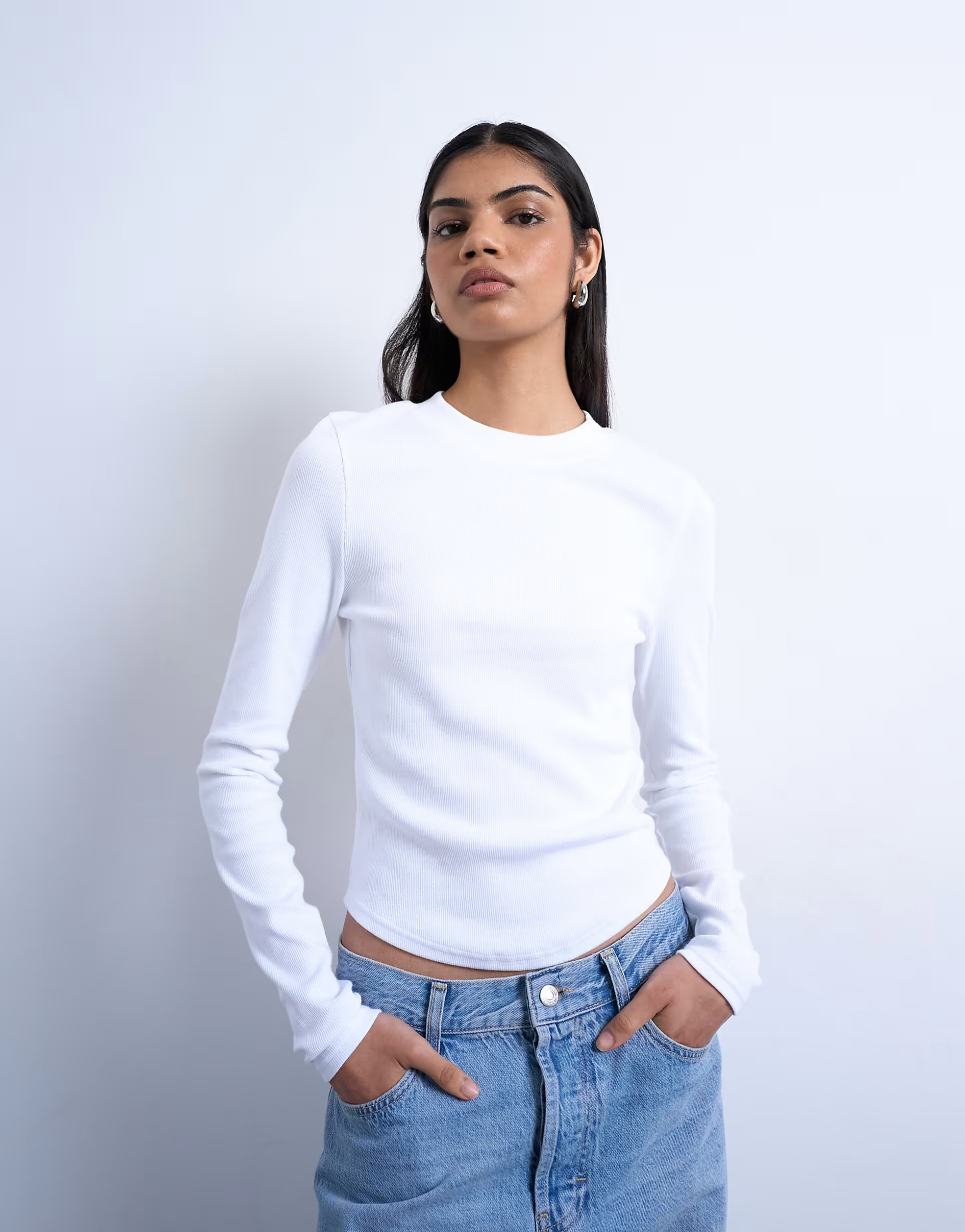 Topshop rib long sleeve curved hem top in white | ASOS (Global)