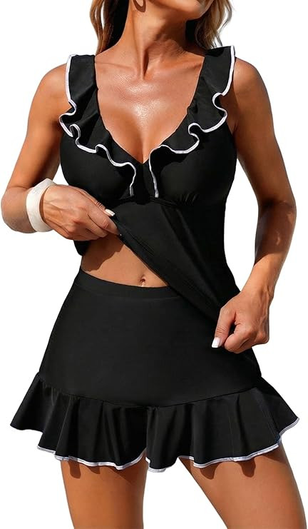 ZAFUL Women's Tankini Swimsuits V-Neck Ruffles Full Coverage Bathing Suit Swim Tank Top with Skir... | Amazon (US)