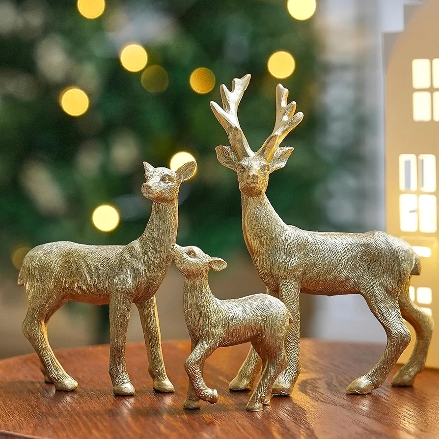 Gold Reindeer Christmas Decoration, 3Pcs Christmas Deer Figurines, Resin Golden Deer Family Set f... | Amazon (US)