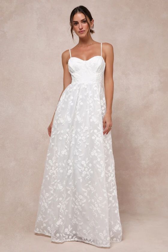 Ethereal Perfection White Organza Embroidered Bustier Maxi Dress | Lulus