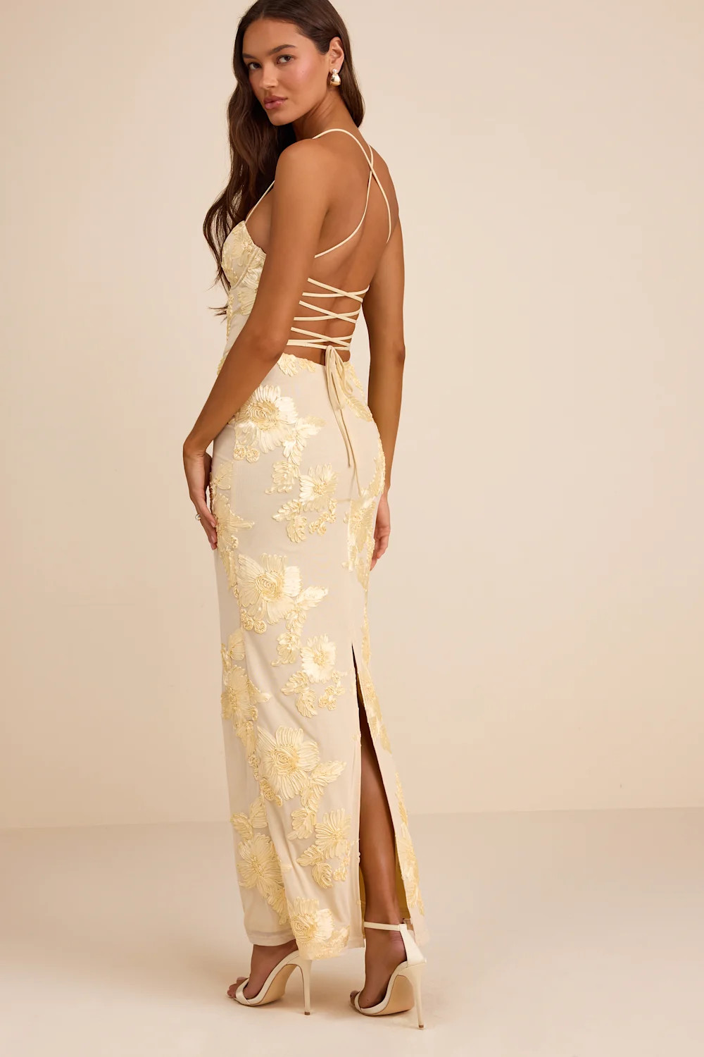 Nantessa Light Yellow Floral Applique Lace-Up Maxi Dress | Lulus
