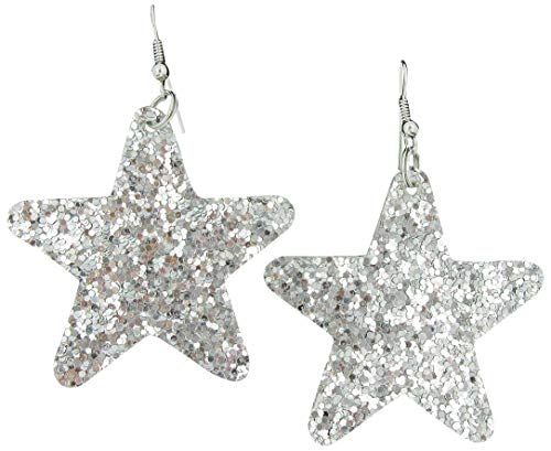 Glitter Faux Leather Large Star Dangle Earrings (Silver) | Amazon (US)