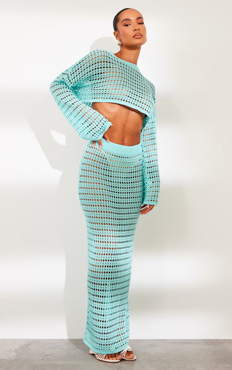 Aqua Crochet Knit Maxi Skirt | PrettyLittleThing CAN