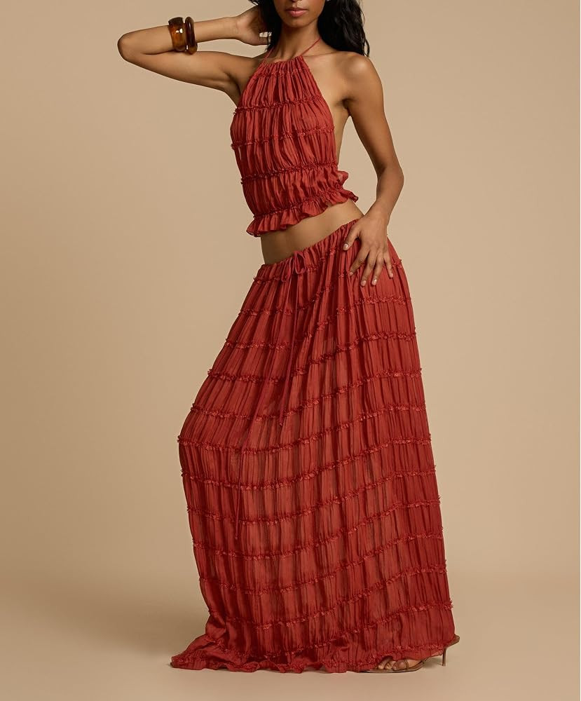 Womens 2 Piece Maxi Skirt Set Lace Up Sleeveless Tank Top and Flowy Long Skirt 2024 Summer Beach ... | Amazon (US)