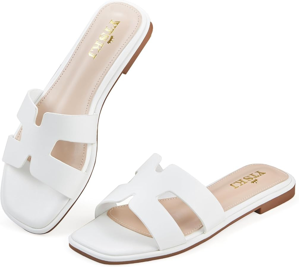 Sandals For Women 2025 Dressy Flat Slides Open Toe Sandals Comfortable Soft Leather Slides Slip O... | Amazon (US)