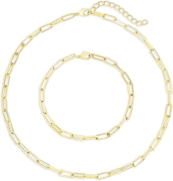 Statement 14k Gold Plated 4mm Thick Oval Chain Link Choker Collar Necklaces and Link Chain Bracel... | Amazon (US)