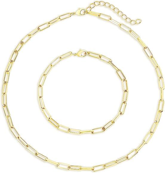Statement 14k Gold Plated 4mm Thick Oval Chain Link Choker Collar Necklaces and Link Chain Bracel... | Amazon (US)