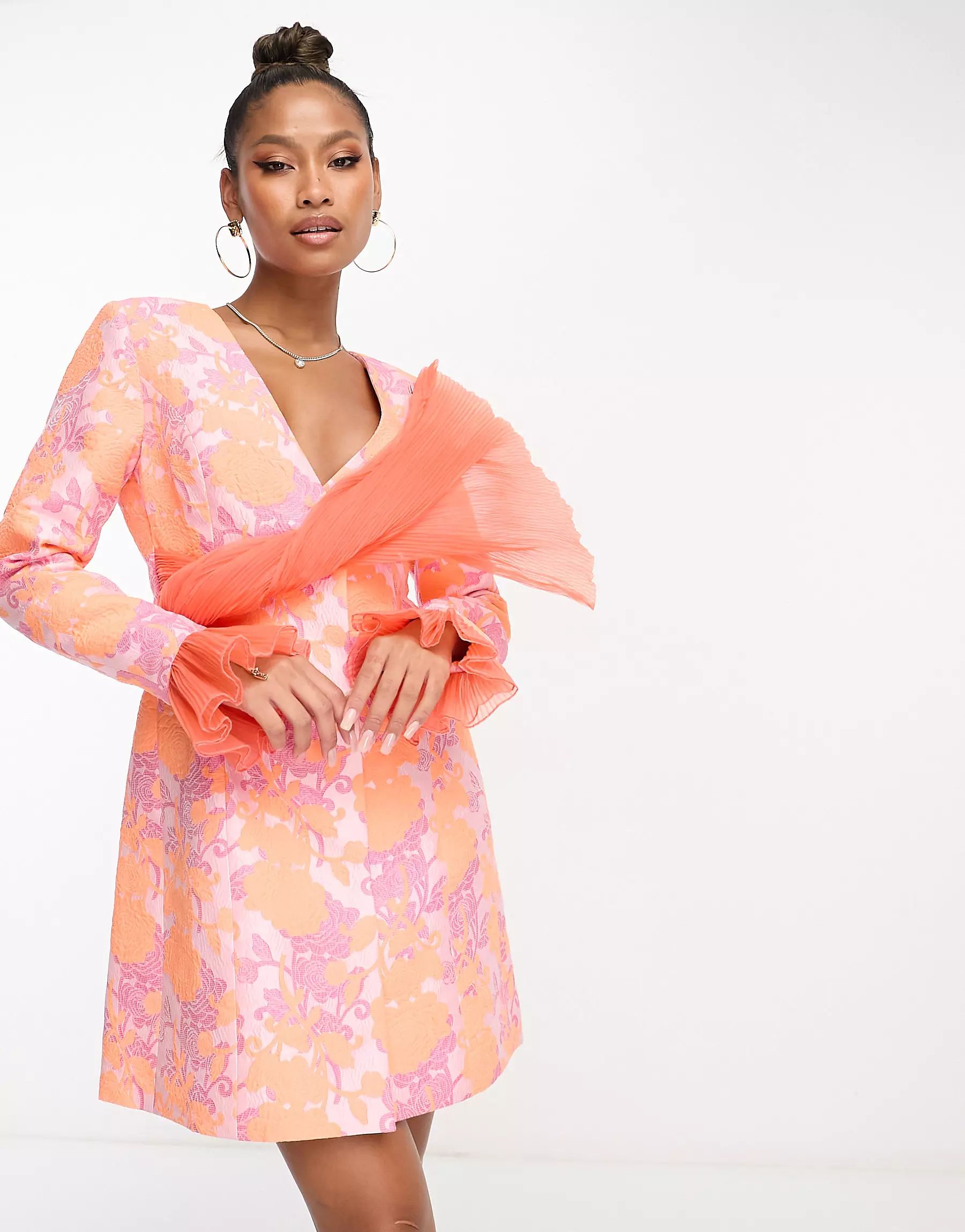 ASOS LUXE plunge blazer dress with chiffon sash and cuff in floral jacquard | ASOS (Global)