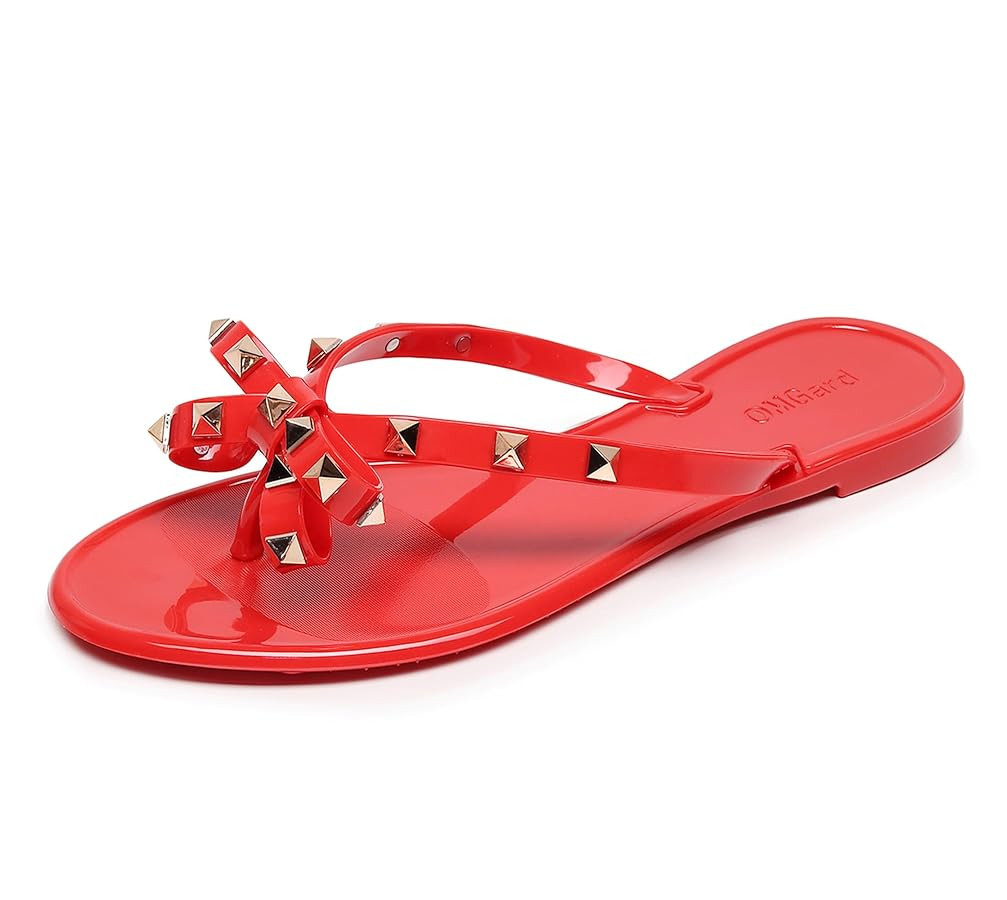 Studded Jelly Shoes for Womens Bow Flip Flops Jellies Sandals Flat Black Summer Beach Thong with ... | Amazon (US)