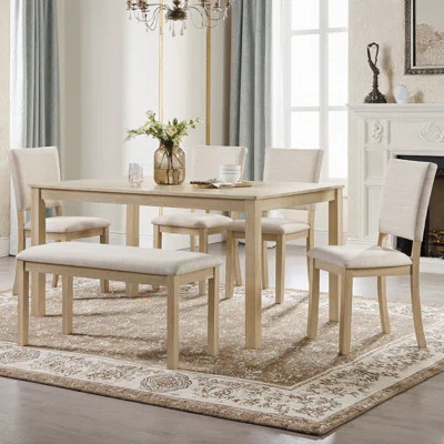 Taverno 6-Piece Light Oak Dining Set, 58" Table + Bench + 4 Upholstered Chairs, Seats 6, Beige Linen, 330 lb Cap | Wayfair North America